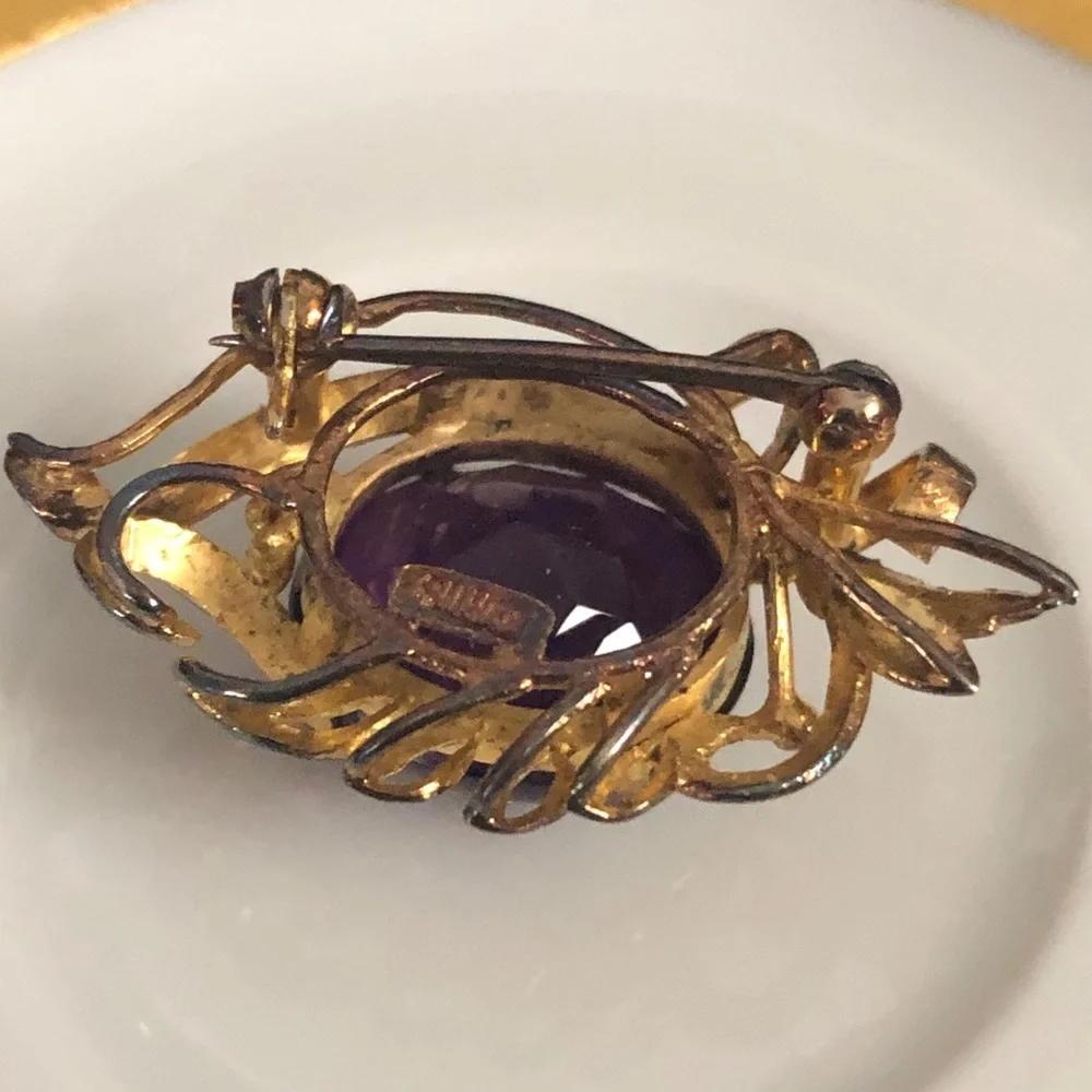 Vintage Gold Vermeil Amethyst Brooch Pin